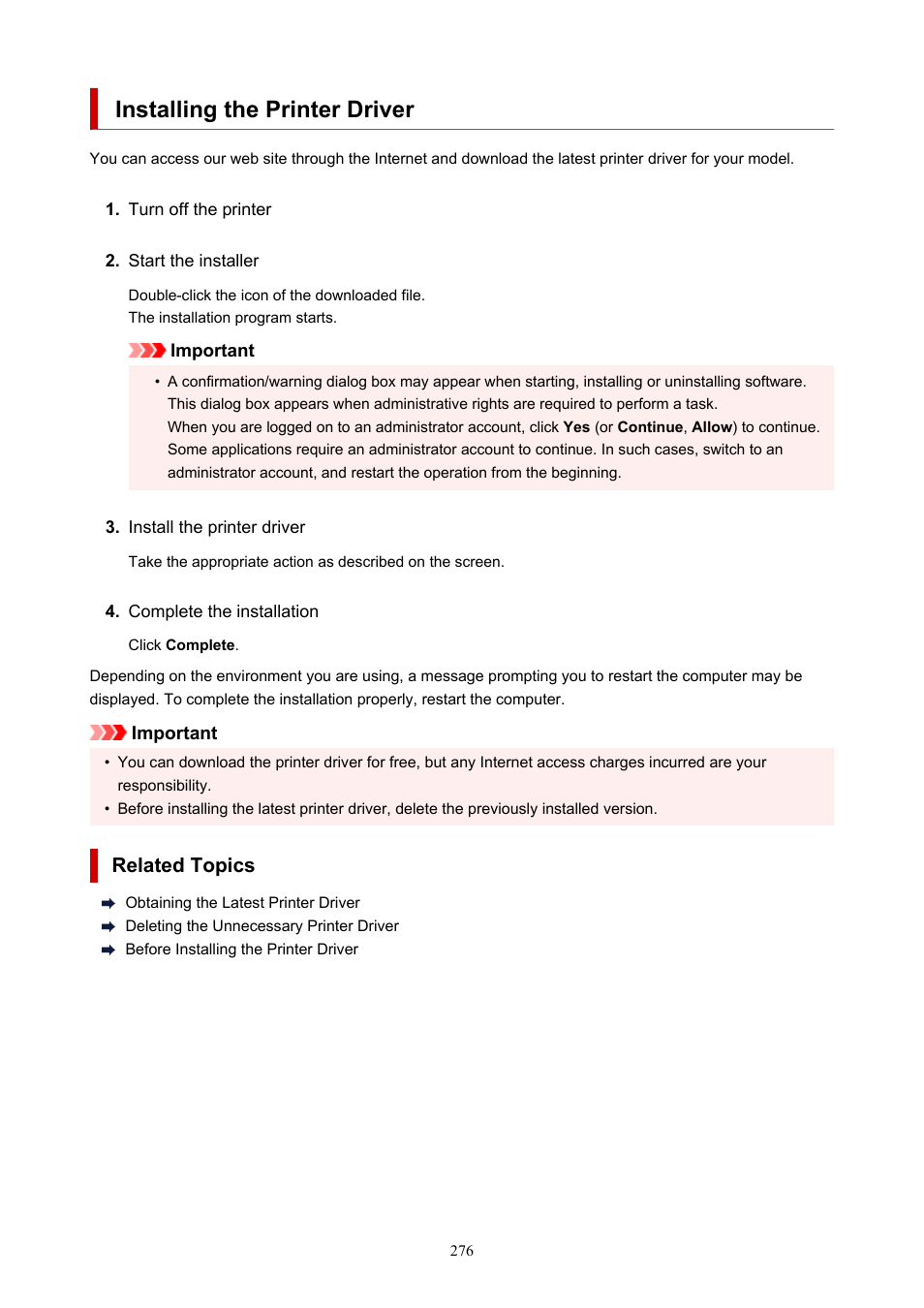 Installing the printer driver, Related topics | Canon PIXMA G5020 Wireless MegaTank Printer User Manual | Page 276 / 422