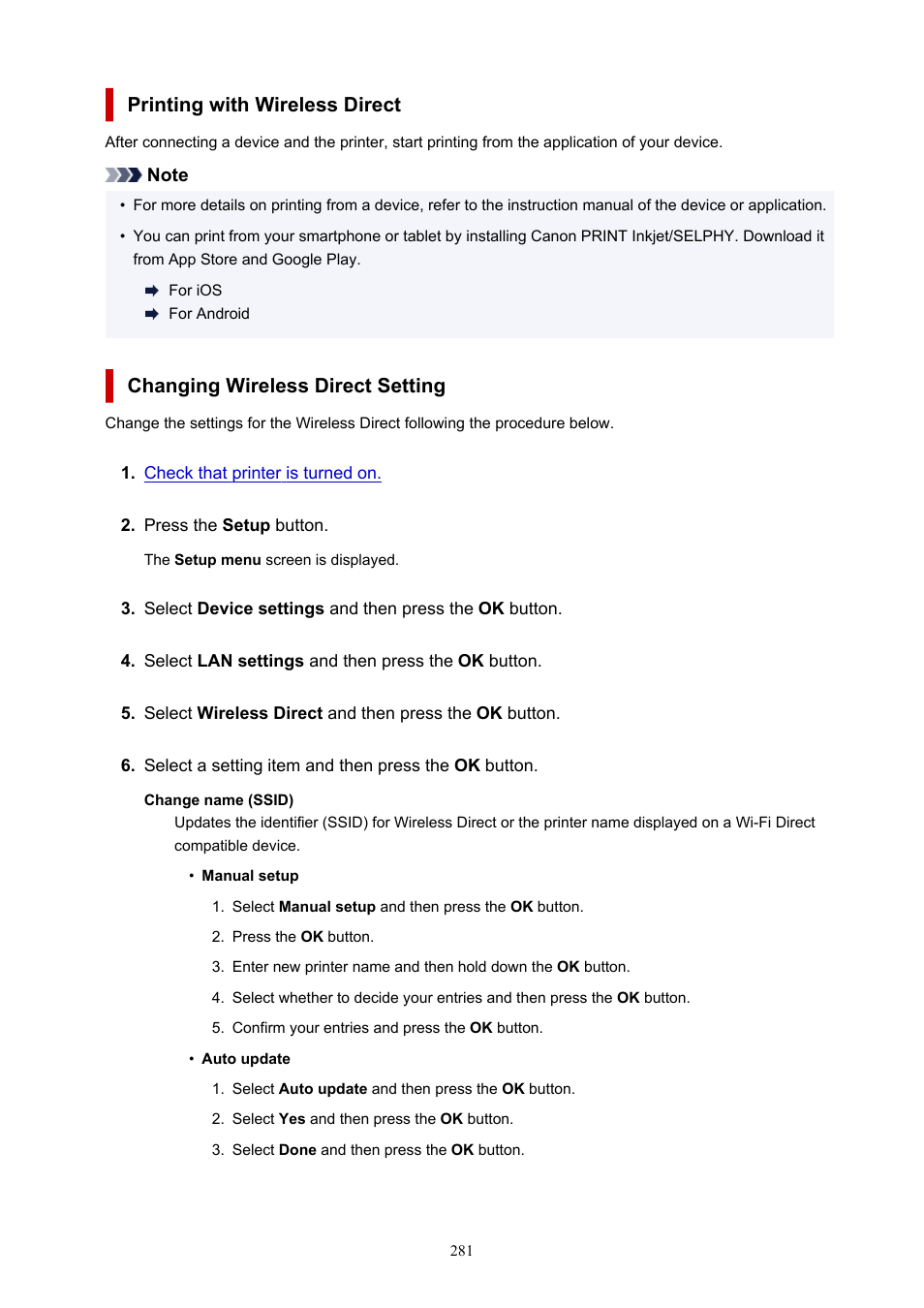 Printing with wireless direct, Changing wireless direct setting | Canon PIXMA G5020 Wireless MegaTank Printer User Manual | Page 281 / 422
