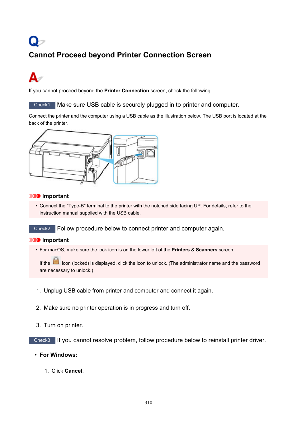 Cannot proceed beyond printer connection screen | Canon PIXMA G5020 Wireless MegaTank Printer User Manual | Page 310 / 422