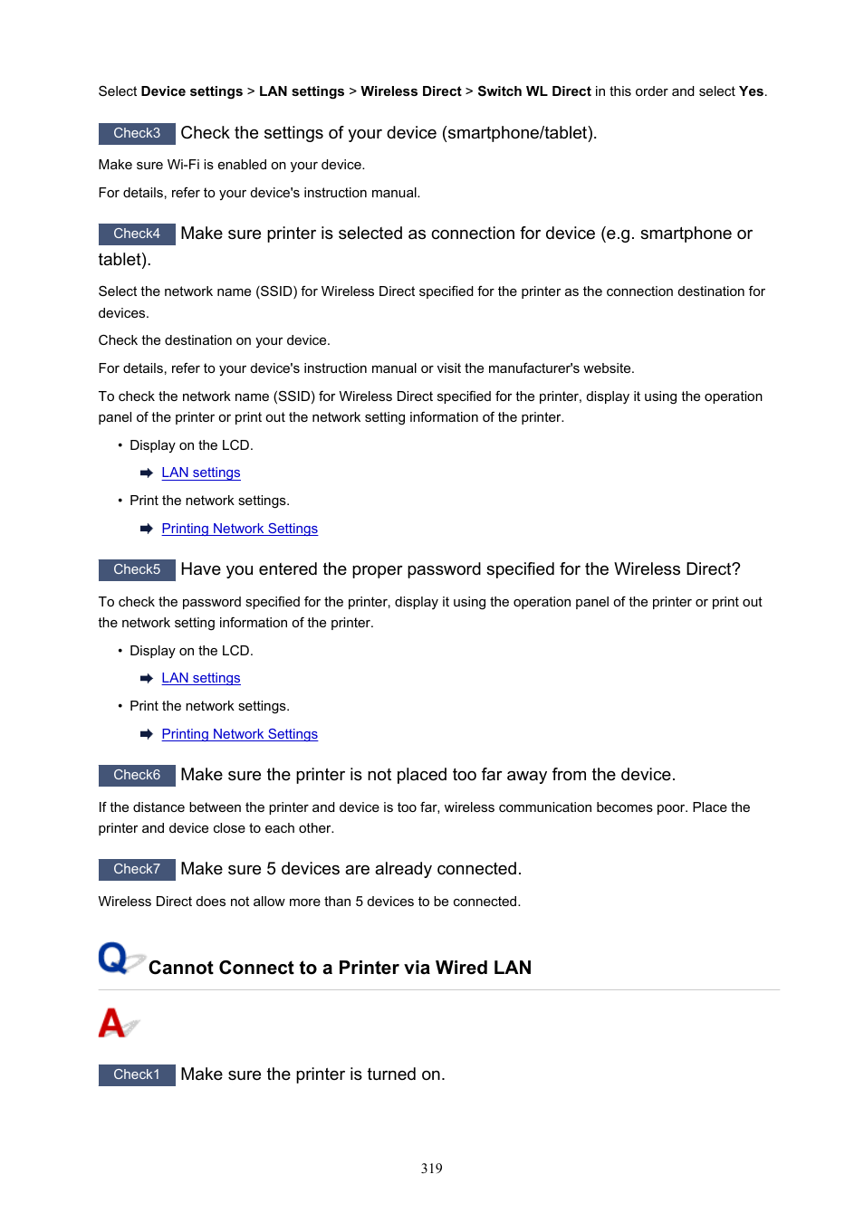 Cannot connect to a printer via wired lan | Canon PIXMA G5020 Wireless MegaTank Printer User Manual | Page 319 / 422