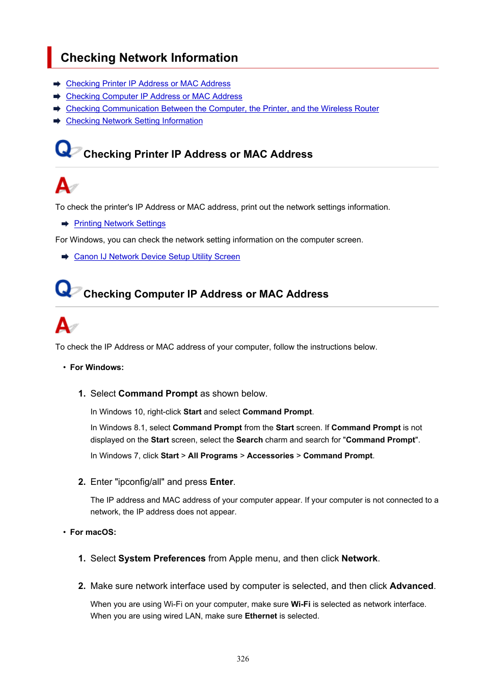 Checking network information, Checking printer ip address or mac address, Checking computer ip address or mac address | Canon PIXMA G5020 Wireless MegaTank Printer User Manual | Page 326 / 422