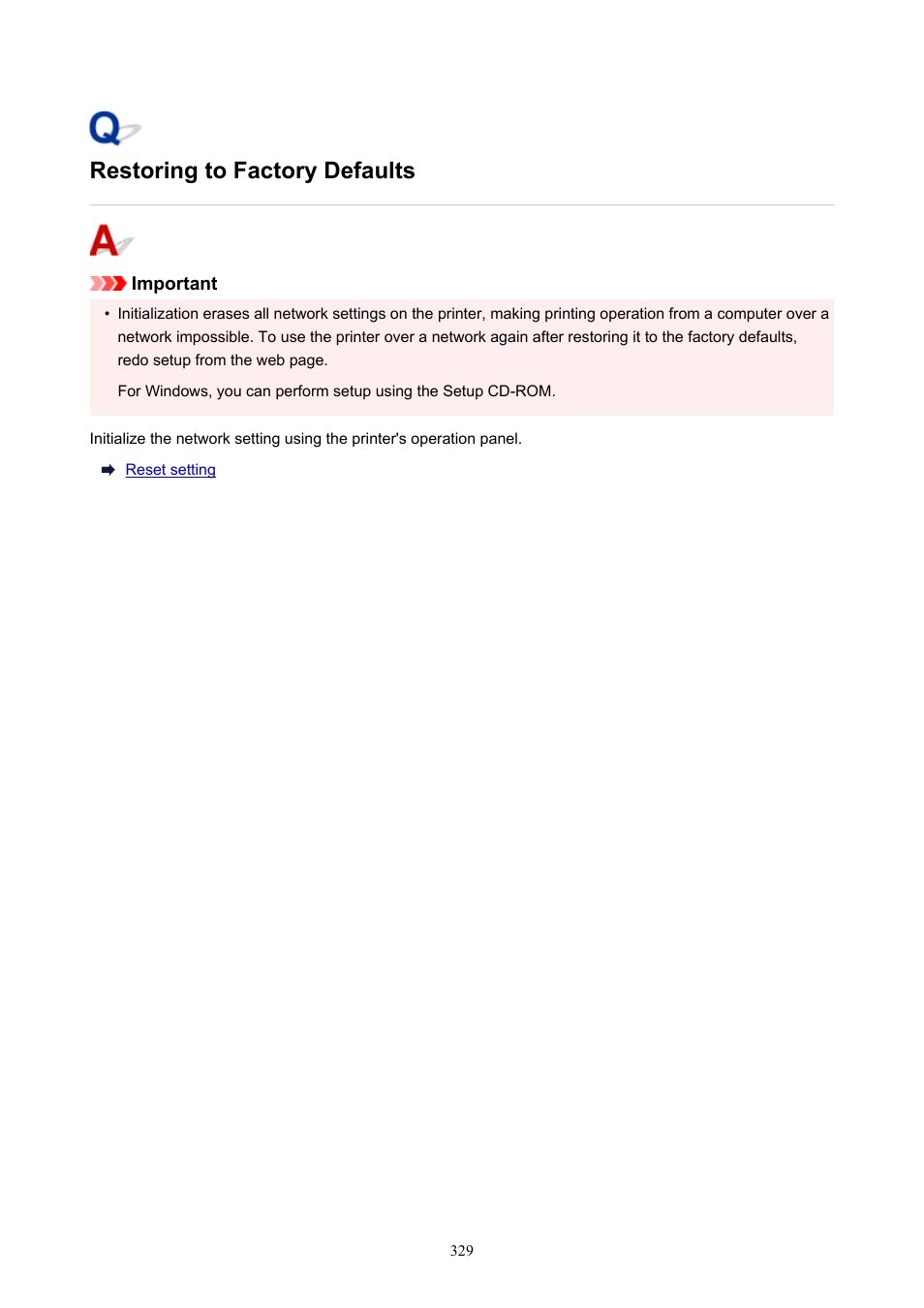 Restoring to factory defaults | Canon PIXMA G5020 Wireless MegaTank Printer User Manual | Page 329 / 422