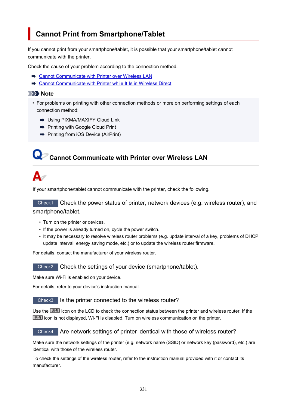 Cannot print from smartphone/tablet, Cannot communicate with printer over wireless lan | Canon PIXMA G5020 Wireless MegaTank Printer User Manual | Page 331 / 422