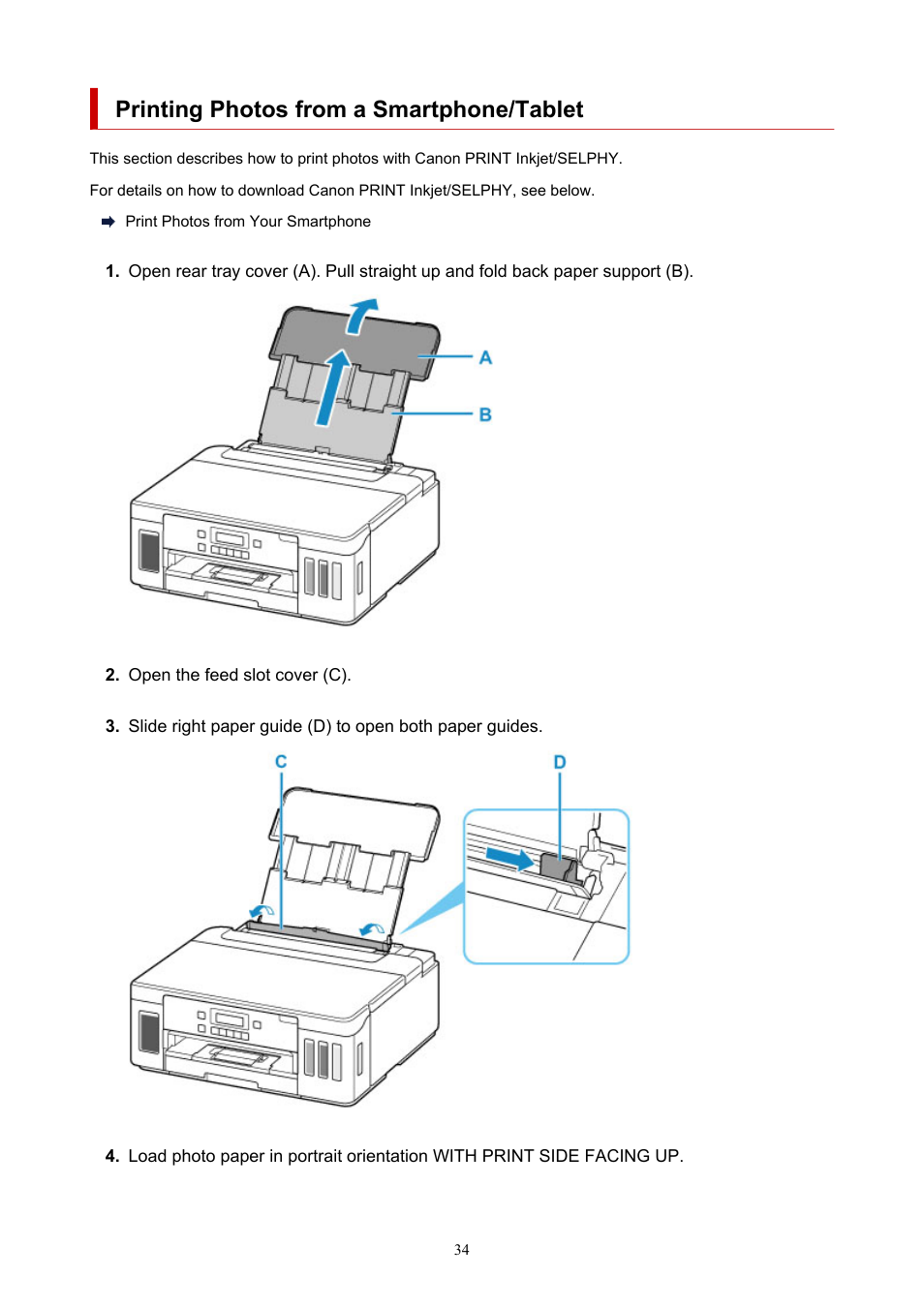 Printing photos from a smartphone/tablet | Canon PIXMA G5020 Wireless MegaTank Printer User Manual | Page 34 / 422