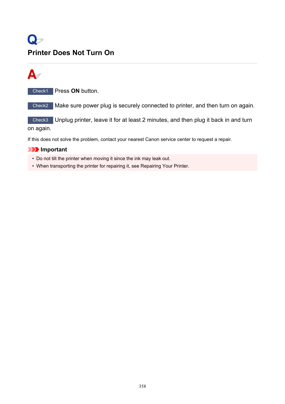 Printer does not turn on | Canon PIXMA G5020 Wireless MegaTank Printer User Manual | Page 358 / 422
