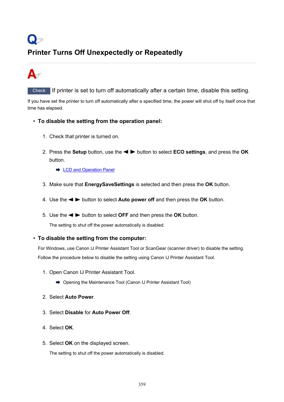 Printer turns off unexpectedly or repeatedly | Canon PIXMA G5020 Wireless MegaTank Printer User Manual | Page 359 / 422