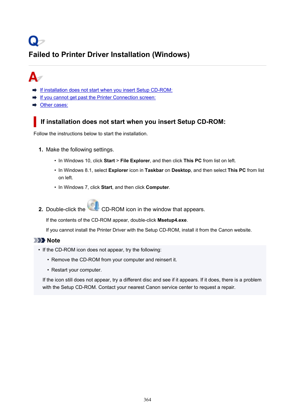 Failed to printer driver installation (windows) | Canon PIXMA G5020 Wireless MegaTank Printer User Manual | Page 364 / 422