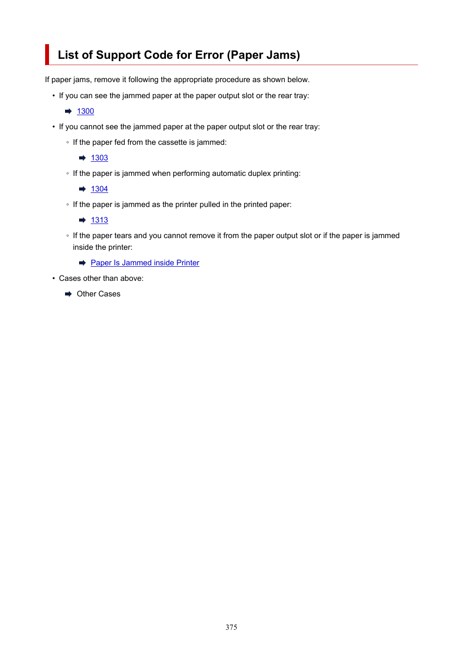 List of support code for error (paper jams), To remove it | Canon PIXMA G5020 Wireless MegaTank Printer User Manual | Page 375 / 422