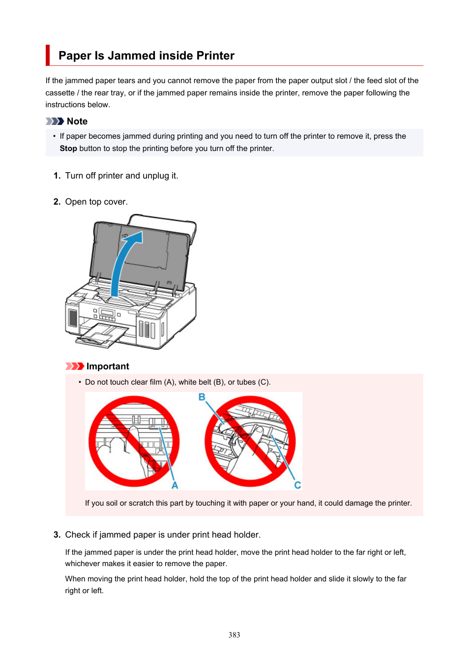 Paper is jammed inside printer | Canon PIXMA G5020 Wireless MegaTank Printer User Manual | Page 383 / 422