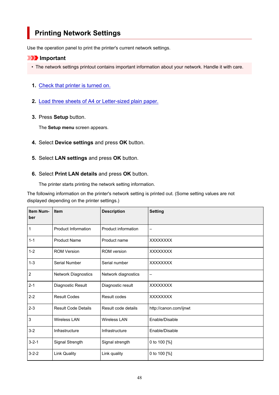 Printing network settings, Important | Canon PIXMA G5020 Wireless MegaTank Printer User Manual | Page 48 / 422