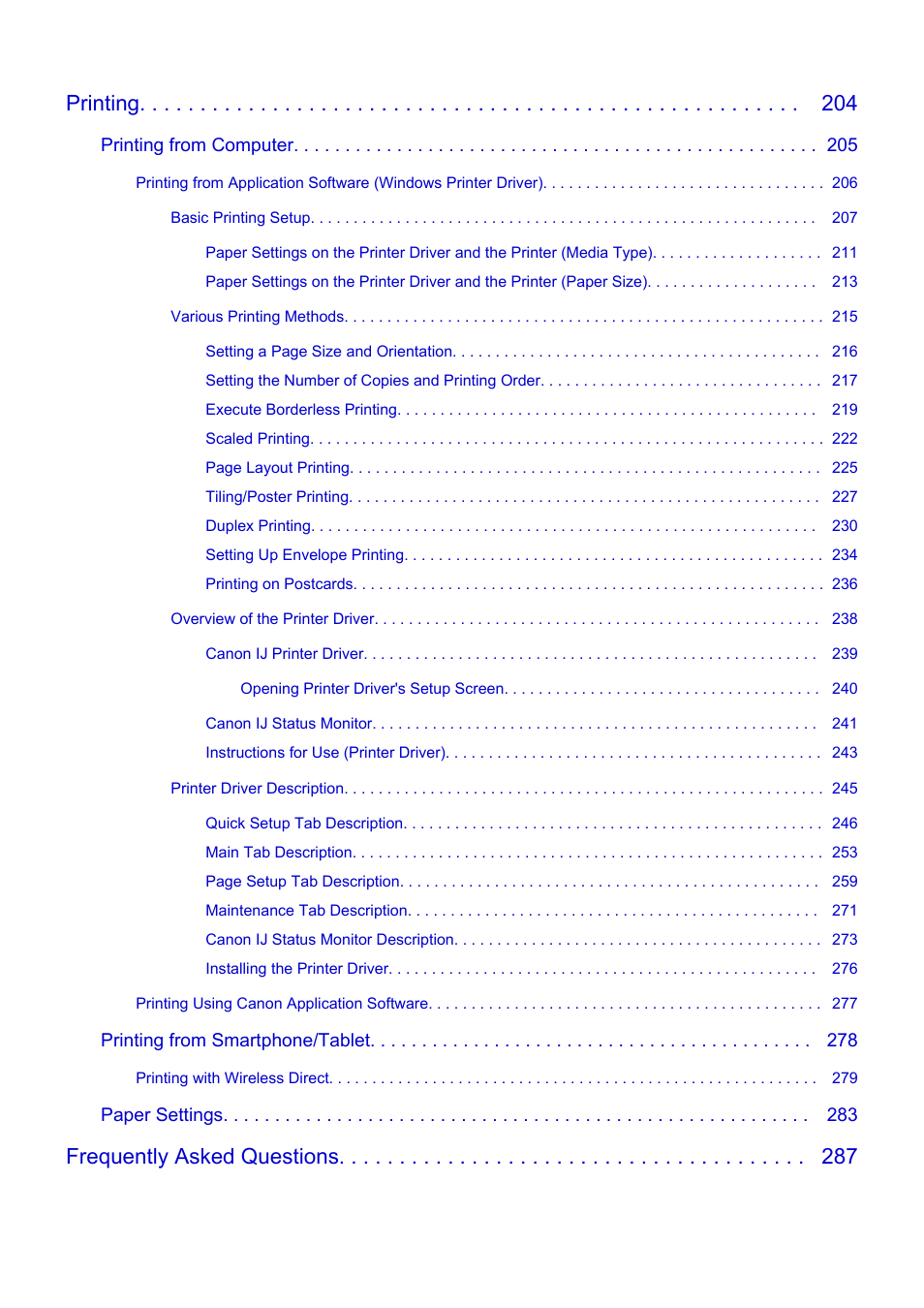 Printing, Frequently asked questions | Canon PIXMA G5020 Wireless MegaTank Printer User Manual | Page 5 / 422