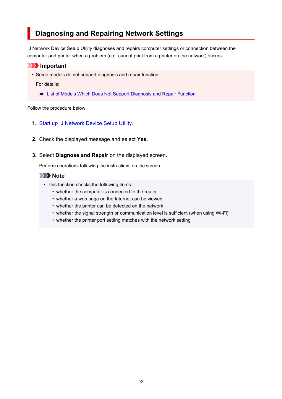 Diagnosing and repairing network settings | Canon PIXMA G5020 Wireless MegaTank Printer User Manual | Page 58 / 422
