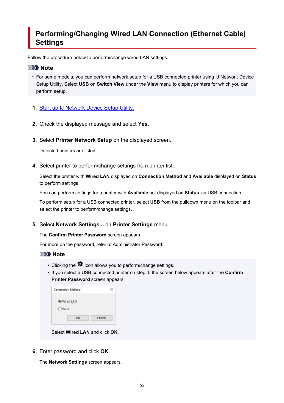 Performing/changing wired lan, Connection (ethernet cable) settings | Canon PIXMA G5020 Wireless MegaTank Printer User Manual | Page 65 / 422