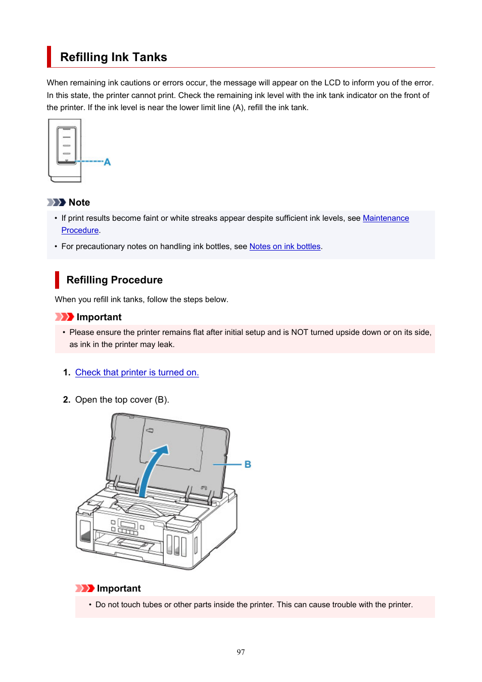 Refilling ink tanks | Canon PIXMA G5020 Wireless MegaTank Printer User Manual | Page 97 / 422