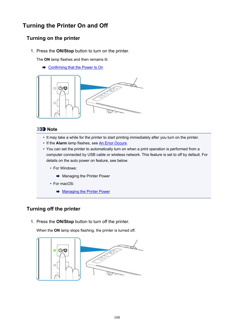 Turning the printer on and off, Turning on the printer, Turning off the printer | Canon PIXMA TS302 Wireless Inkjet Printer User Manual | Page 108 / 286