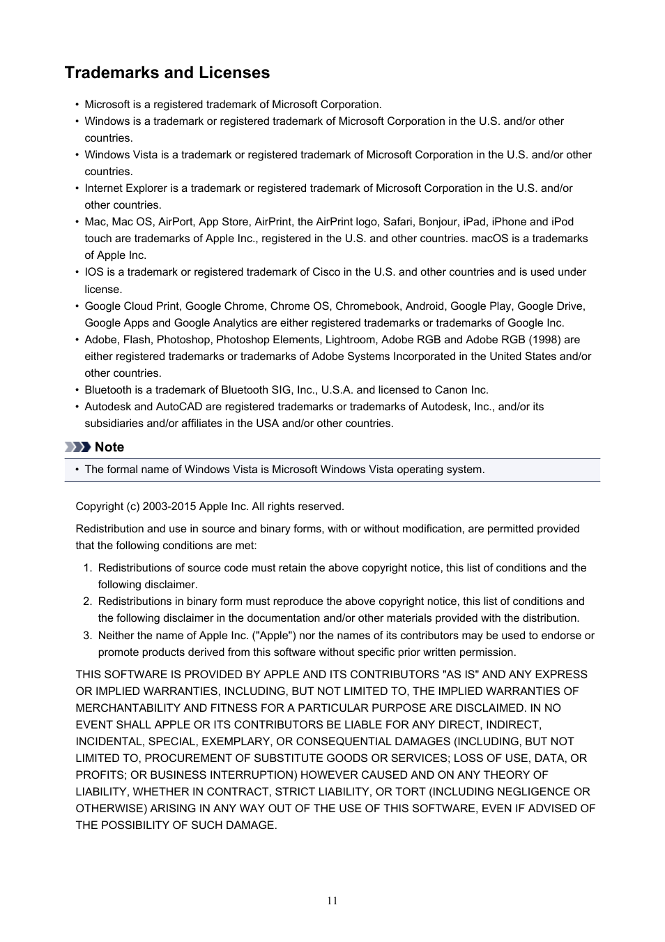 Trademarks and licenses | Canon PIXMA TS302 Wireless Inkjet Printer User Manual | Page 11 / 286