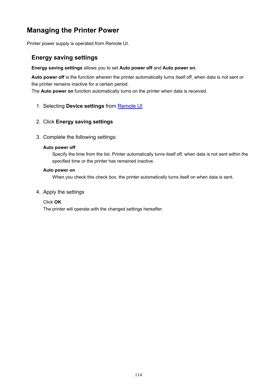 Managing the printer power, Energy saving settings | Canon PIXMA TS302 Wireless Inkjet Printer User Manual | Page 114 / 286