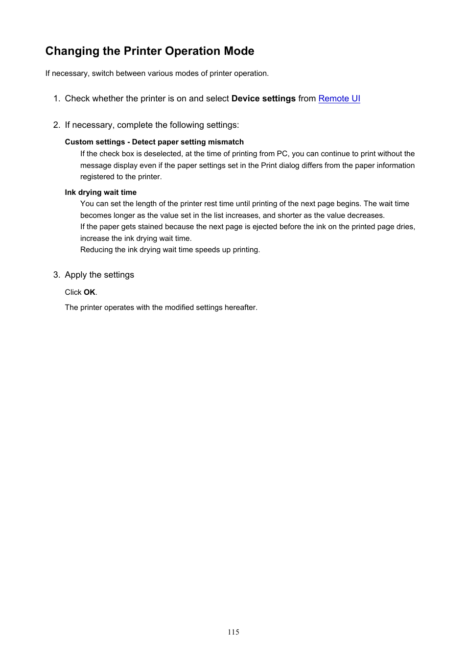 Changing the printer operation mode | Canon PIXMA TS302 Wireless Inkjet Printer User Manual | Page 115 / 286