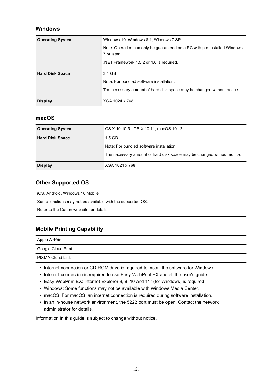 Windows, Macos, Other supported os | Mobile printing capability | Canon PIXMA TS302 Wireless Inkjet Printer User Manual | Page 121 / 286