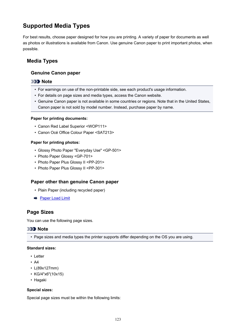 Supported media types, Genuine paper, see, Printer, see | Canon PIXMA TS302 Wireless Inkjet Printer User Manual | Page 123 / 286