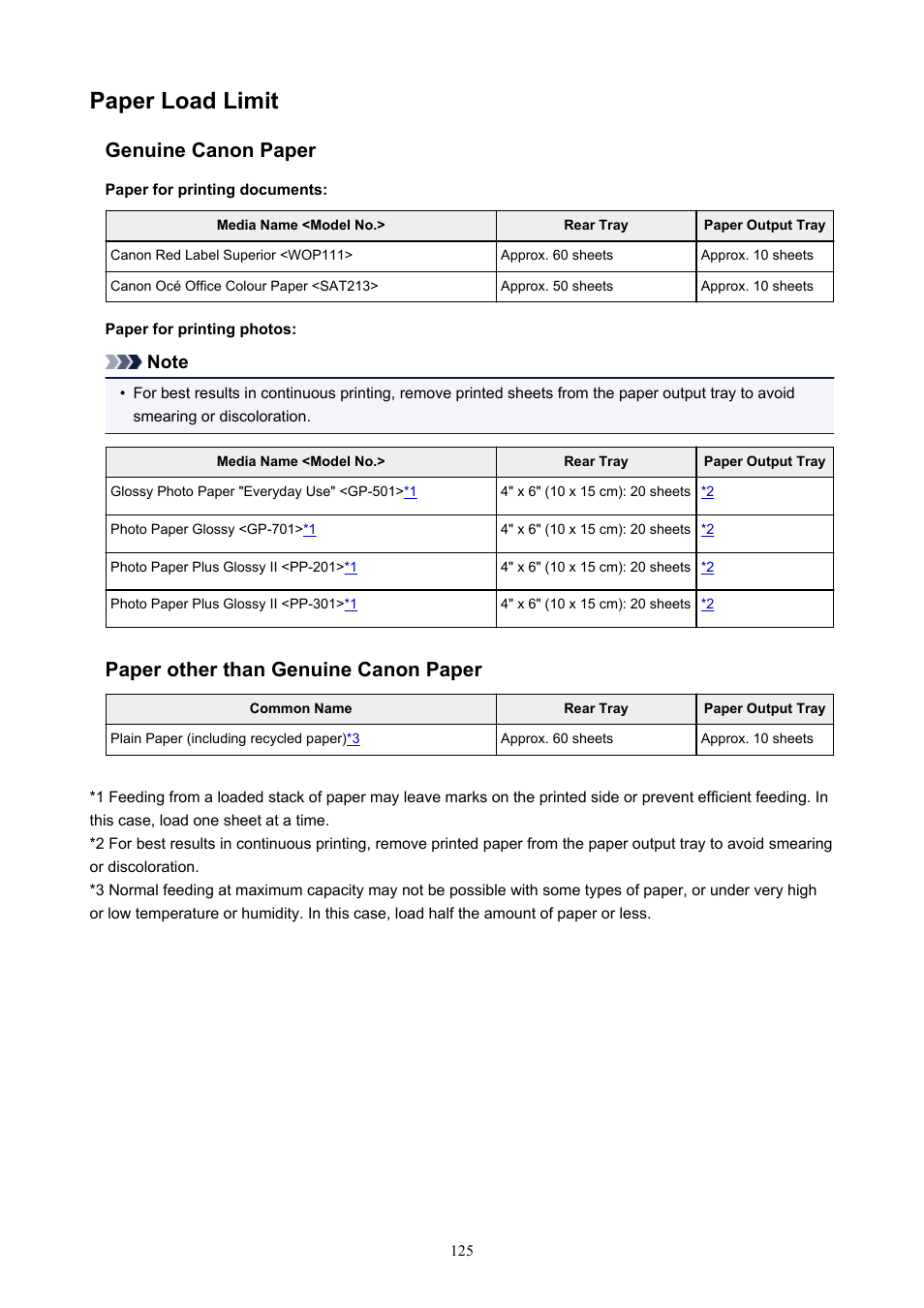 Paper load limit, Genuine canon paper, Paper other than genuine canon paper | Canon PIXMA TS302 Wireless Inkjet Printer User Manual | Page 125 / 286