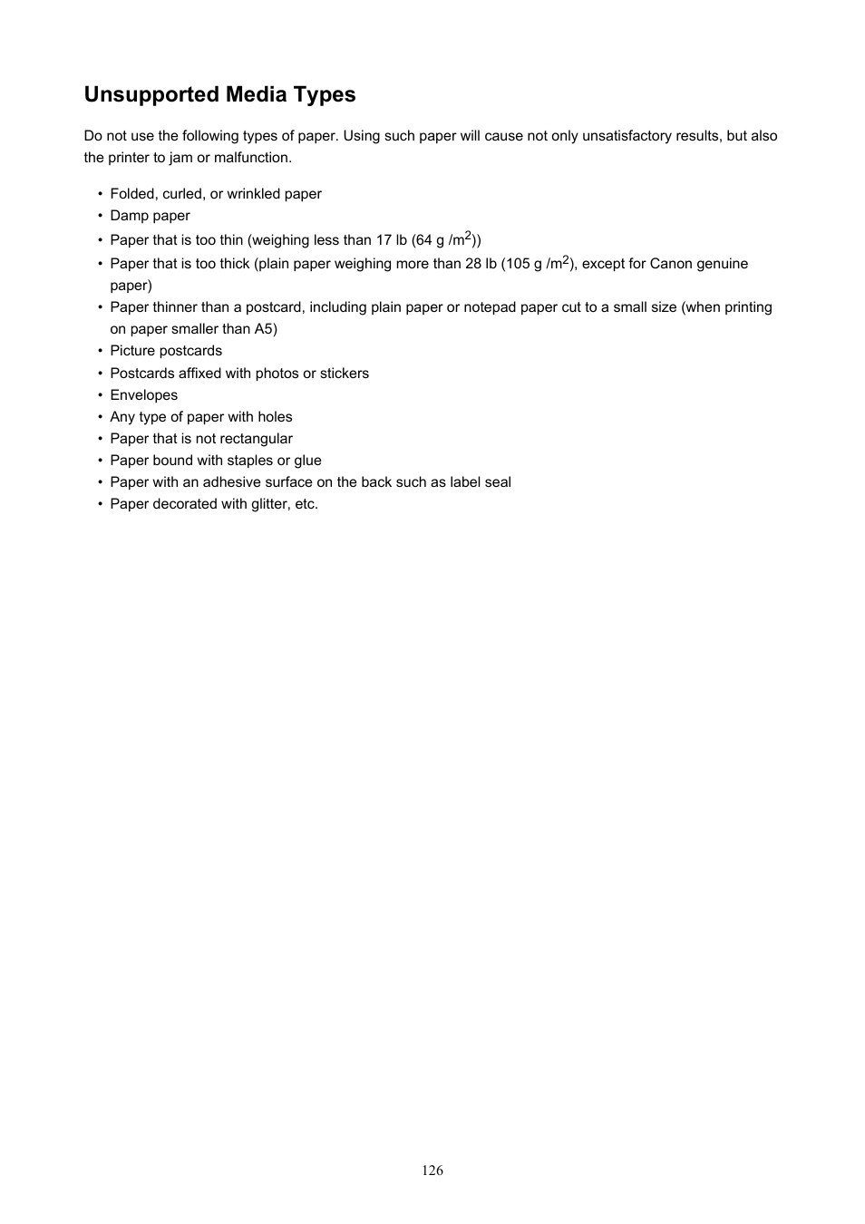 Unsupported media types | Canon PIXMA TS302 Wireless Inkjet Printer User Manual | Page 126 / 286
