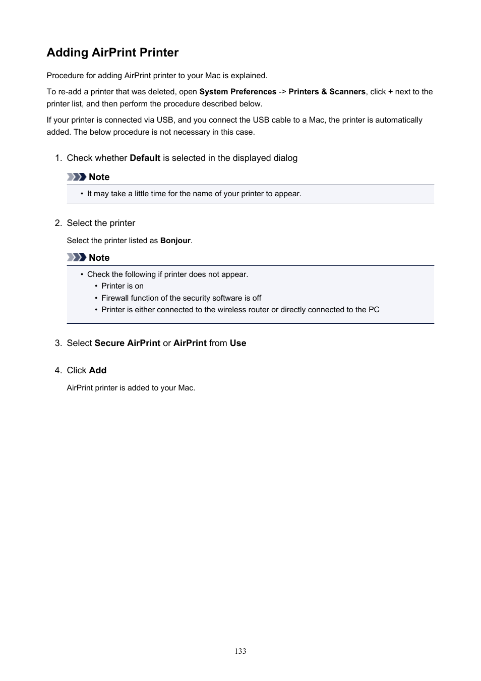 Adding airprint printer | Canon PIXMA TS302 Wireless Inkjet Printer User Manual | Page 133 / 286