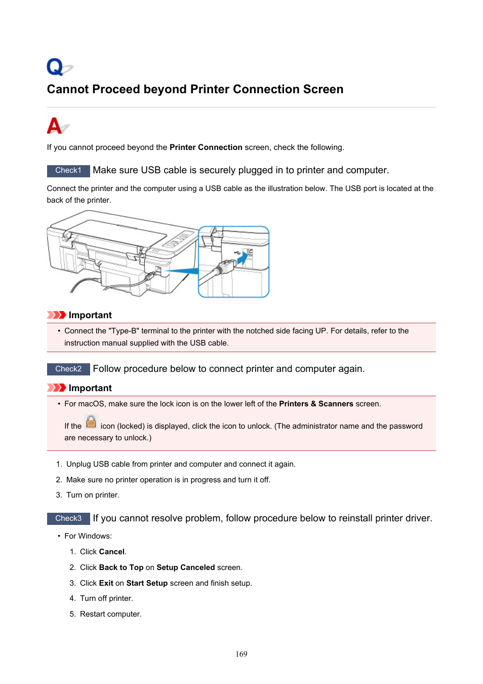 Cannot proceed beyond printer connection screen | Canon PIXMA TS302 Wireless Inkjet Printer User Manual | Page 169 / 286
