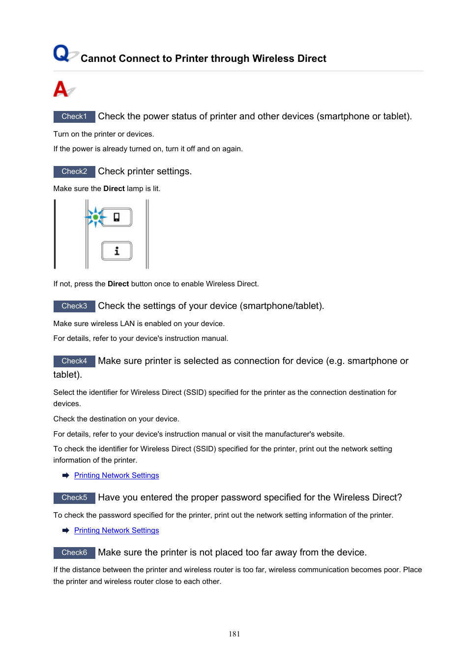 Cannot connect to printer through wireless direct | Canon PIXMA TS302 Wireless Inkjet Printer User Manual | Page 181 / 286
