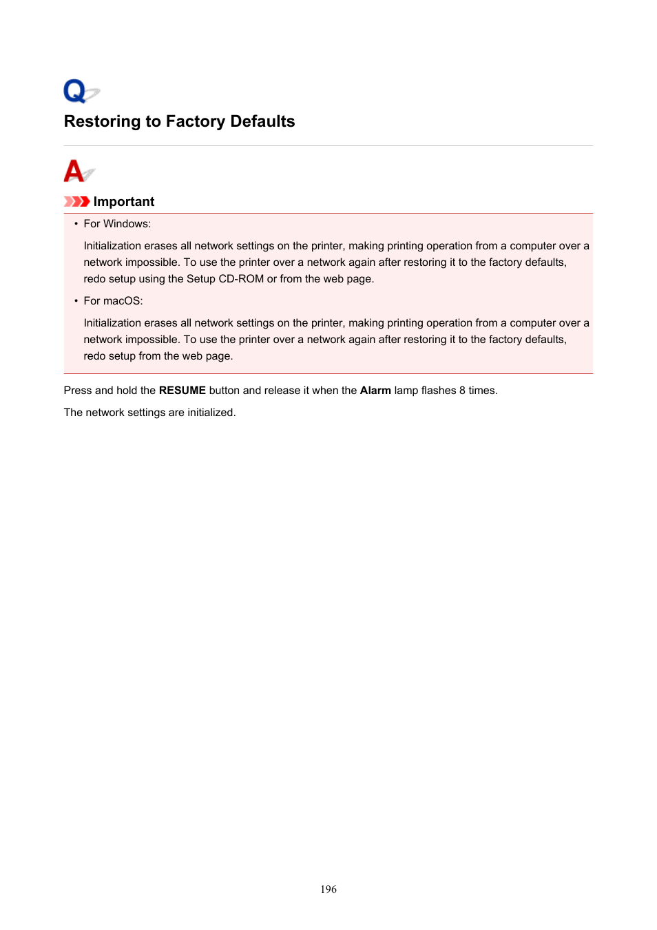 Restoring to factory defaults | Canon PIXMA TS302 Wireless Inkjet Printer User Manual | Page 196 / 286
