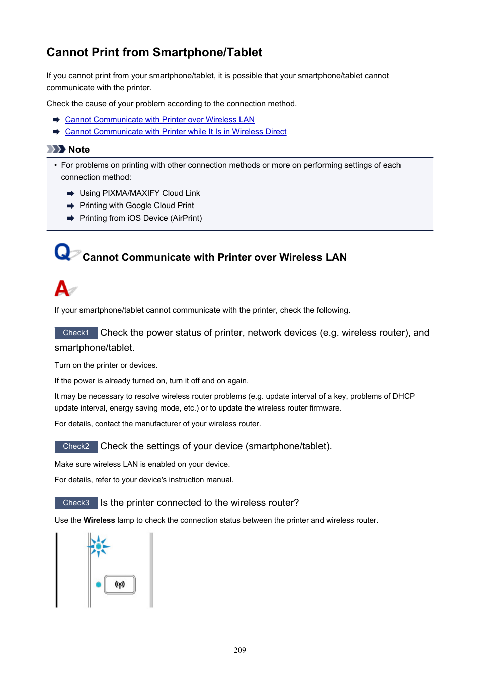 Cannot print from smartphone/tablet | Canon PIXMA TS302 Wireless Inkjet Printer User Manual | Page 209 / 286
