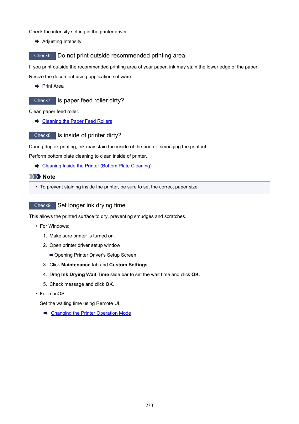 Do not print outside recommended printing area, Is paper feed roller dirty, Is inside of printer dirty | Set longer ink drying time | Canon PIXMA TS302 Wireless Inkjet Printer User Manual | Page 233 / 286
