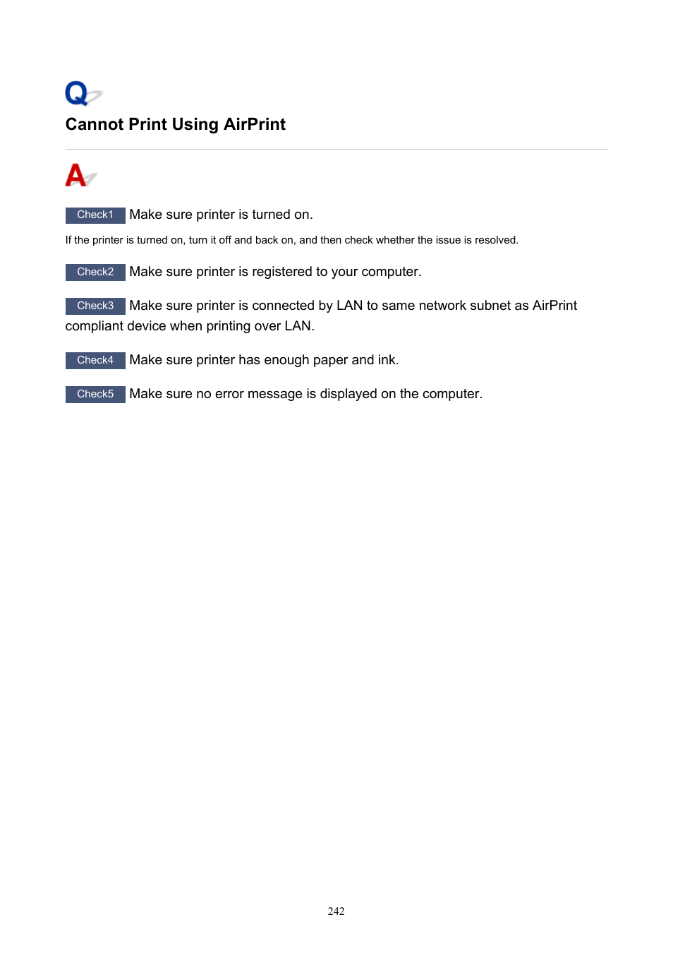 Cannot print using airprint | Canon PIXMA TS302 Wireless Inkjet Printer User Manual | Page 242 / 286