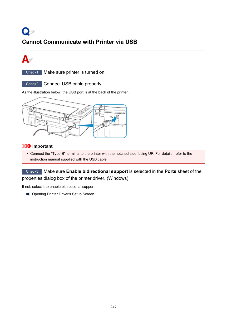 Cannot communicate with printer via usb | Canon PIXMA TS302 Wireless Inkjet Printer User Manual | Page 247 / 286