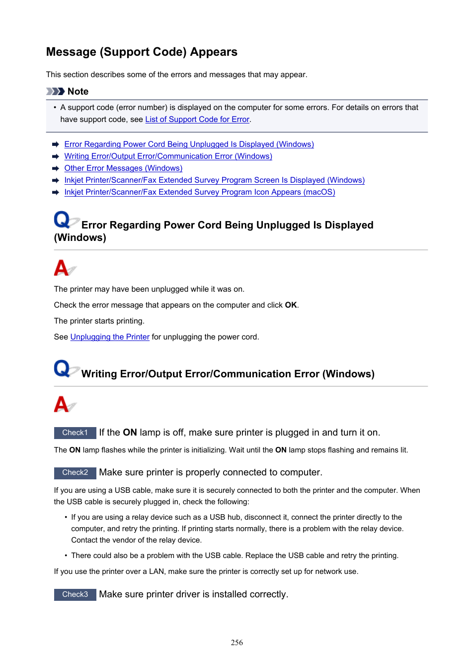 Message (support code) appears | Canon PIXMA TS302 Wireless Inkjet Printer User Manual | Page 256 / 286