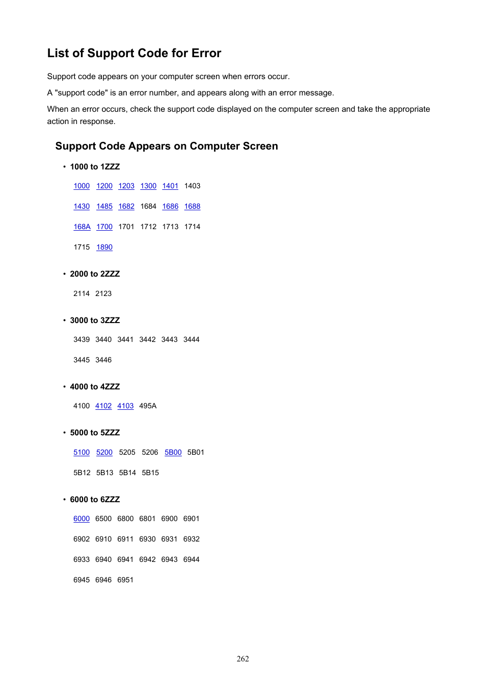 List of support code for error, Support code appears on computer screen | Canon PIXMA TS302 Wireless Inkjet Printer User Manual | Page 262 / 286