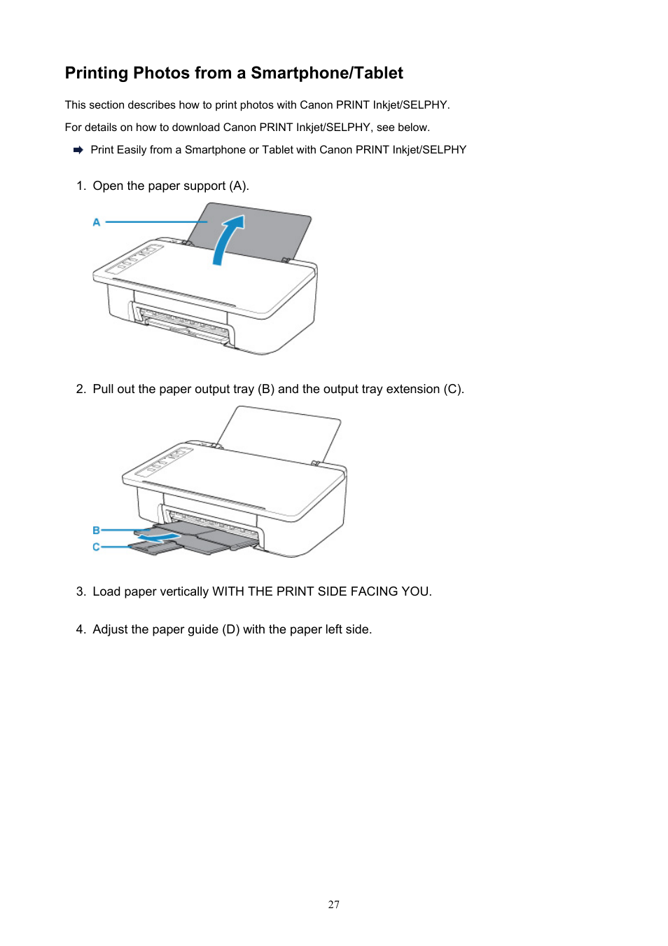 Printing photos from a smartphone/tablet | Canon PIXMA TS302 Wireless Inkjet Printer User Manual | Page 27 / 286