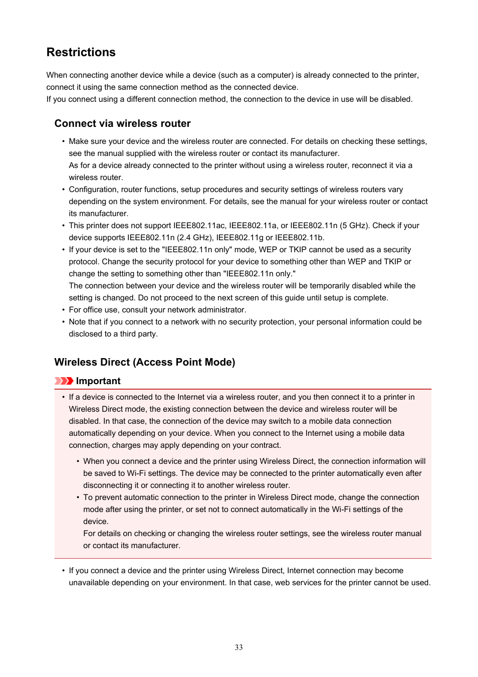 Restrictions | Canon PIXMA TS302 Wireless Inkjet Printer User Manual | Page 33 / 286