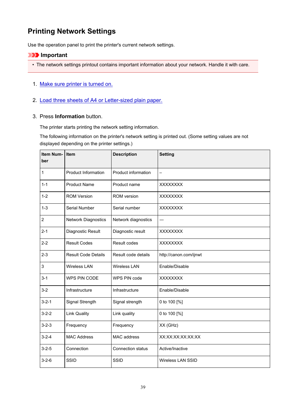 Printing network settings, Important | Canon PIXMA TS302 Wireless Inkjet Printer User Manual | Page 39 / 286