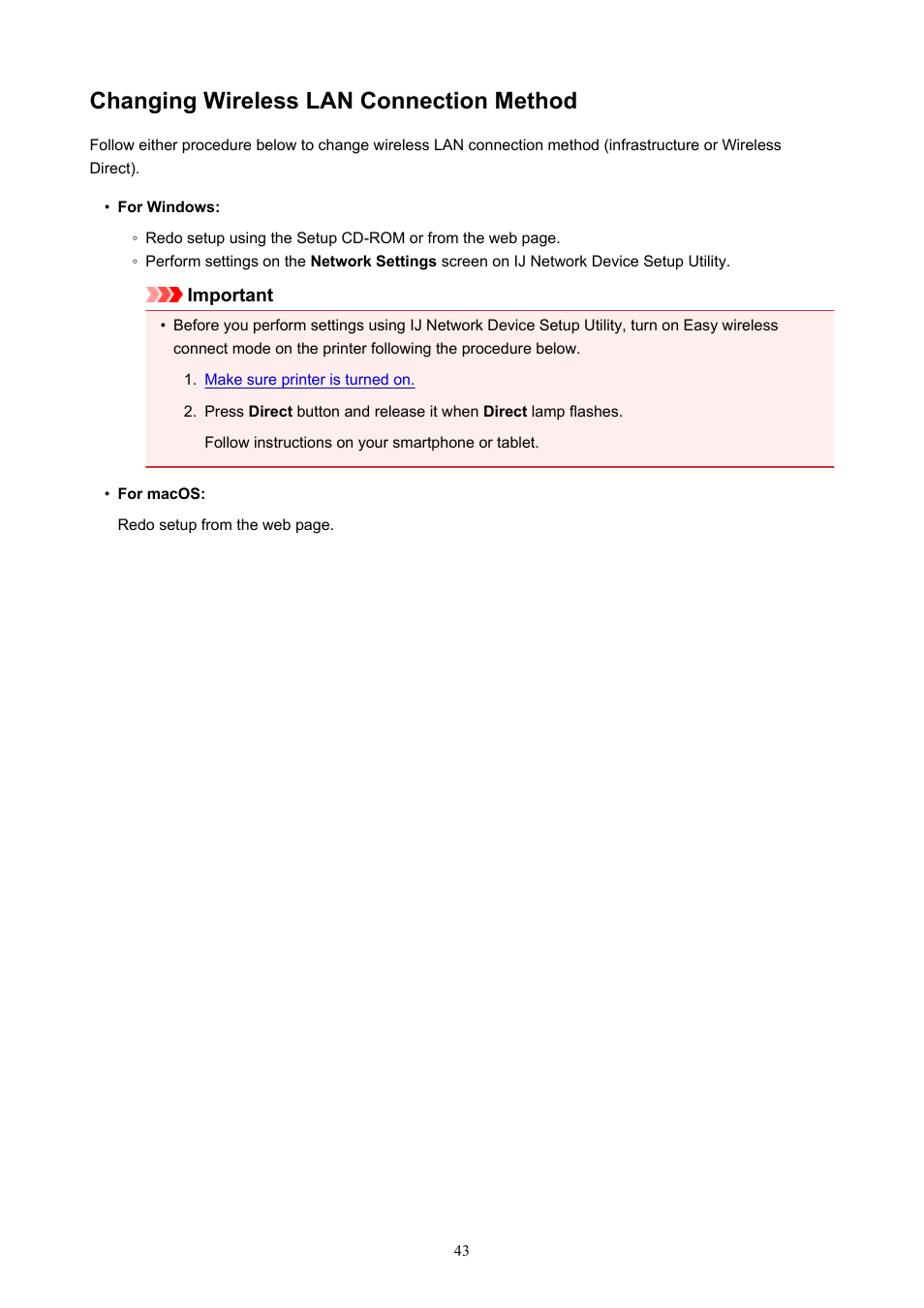 Changing wireless lan connection method | Canon PIXMA TS302 Wireless Inkjet Printer User Manual | Page 43 / 286