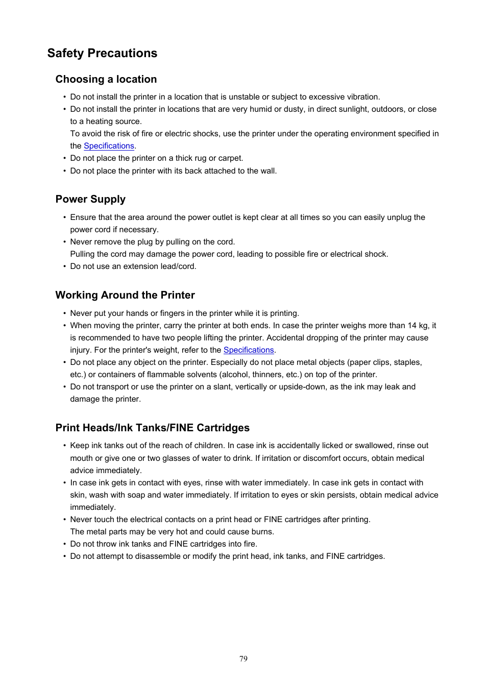 Safety precautions | Canon PIXMA TS302 Wireless Inkjet Printer User Manual | Page 79 / 286