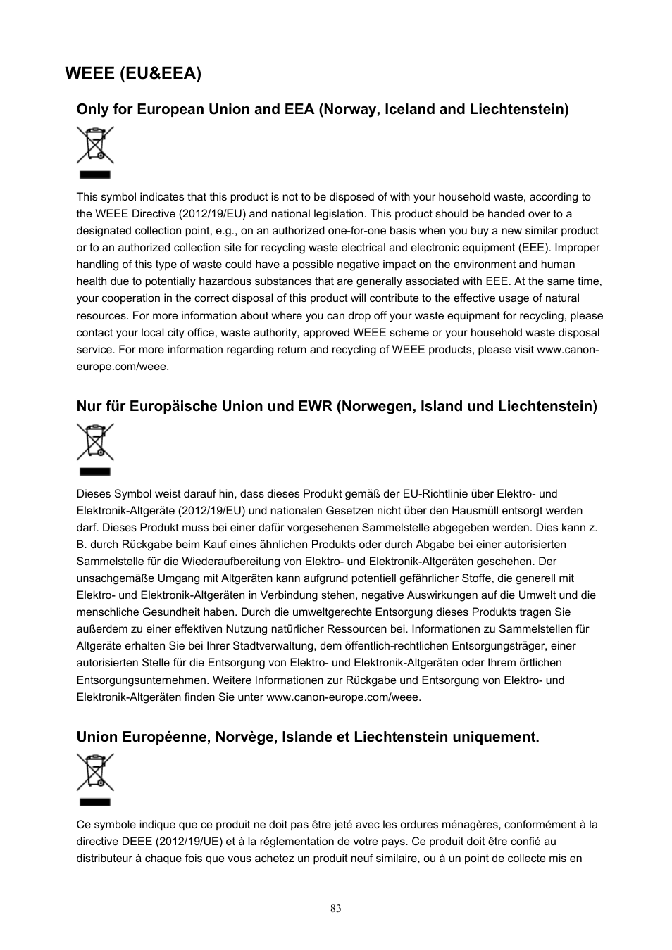 Weee (eu&eea), Weee (eu & eea) | Canon PIXMA TS302 Wireless Inkjet Printer User Manual | Page 83 / 286