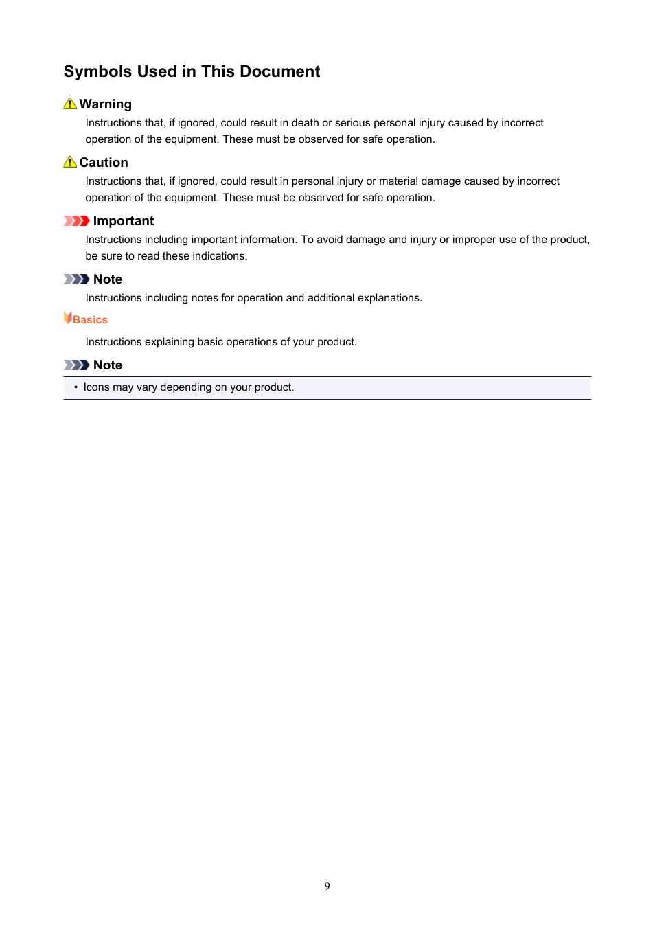 Symbols used in this document | Canon PIXMA TS302 Wireless Inkjet Printer User Manual | Page 9 / 286
