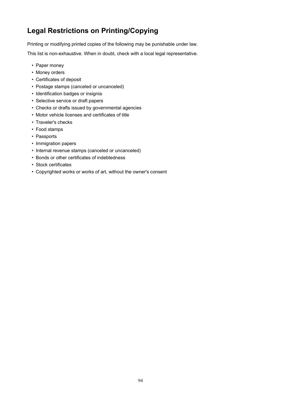Legal restrictions on printing/copying | Canon PIXMA TS302 Wireless Inkjet Printer User Manual | Page 94 / 286