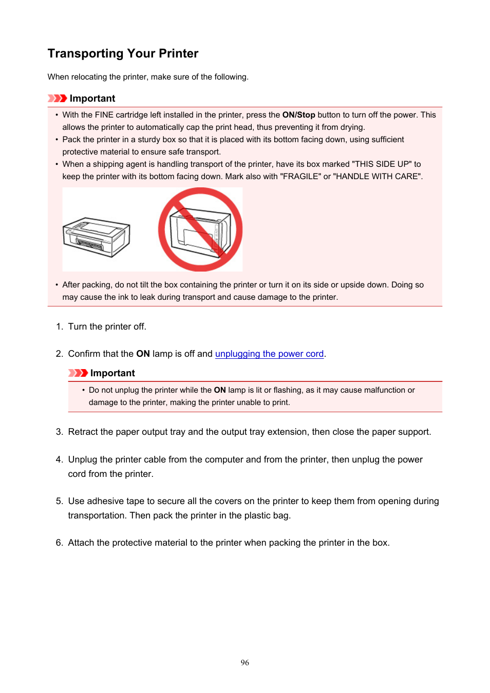 Transporting your printer | Canon PIXMA TS302 Wireless Inkjet Printer User Manual | Page 96 / 286