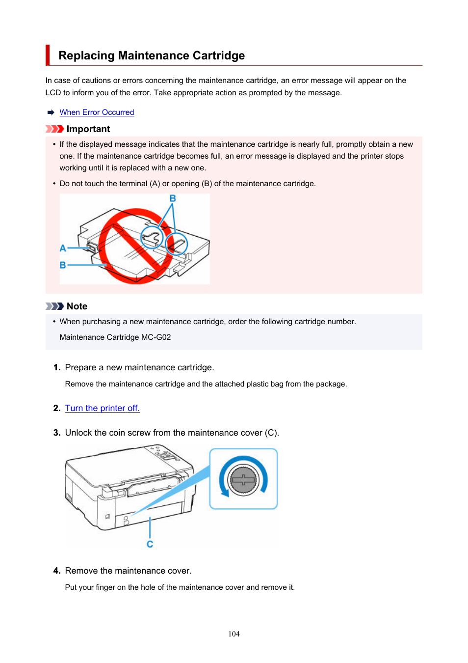 Replacing maintenance cartridge | Canon PIXMA G620 Printer User Manual | Page 104 / 337