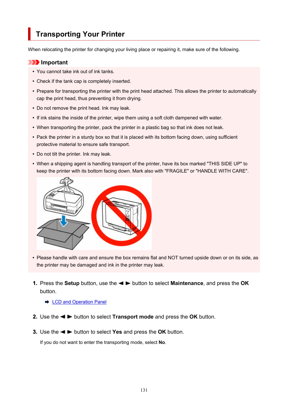 Transporting your printer | Canon PIXMA G620 Printer User Manual | Page 131 / 337