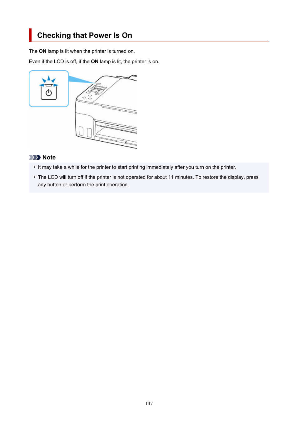 Checking that power is on, Check that printer is turned on | Canon PIXMA G620 Printer User Manual | Page 147 / 337