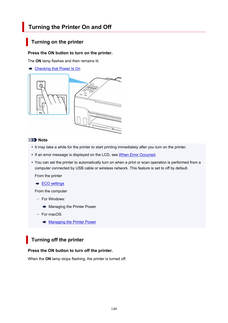 Turning the printer on and off | Canon PIXMA G620 Printer User Manual | Page 148 / 337