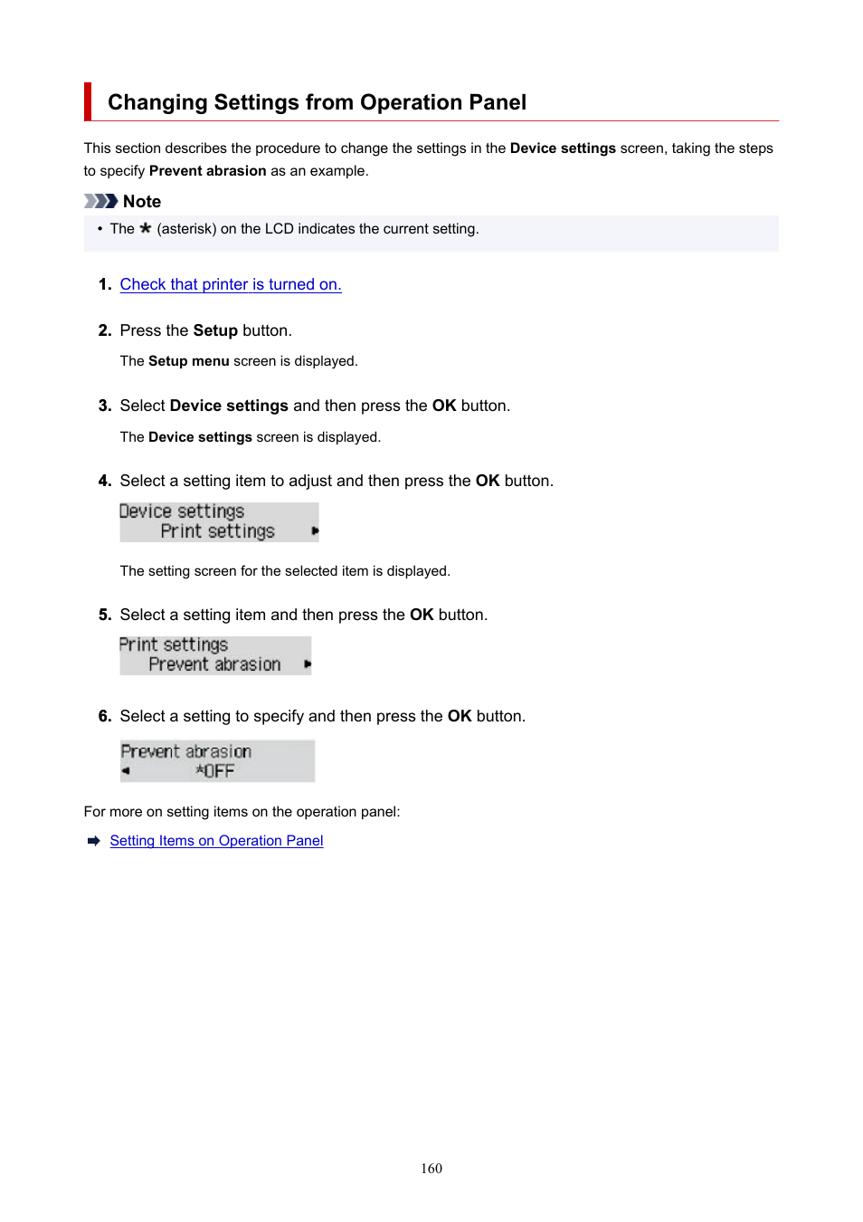 Changing settings from operation panel, For details on how to change settings, refer to | Canon PIXMA G620 Printer User Manual | Page 160 / 337